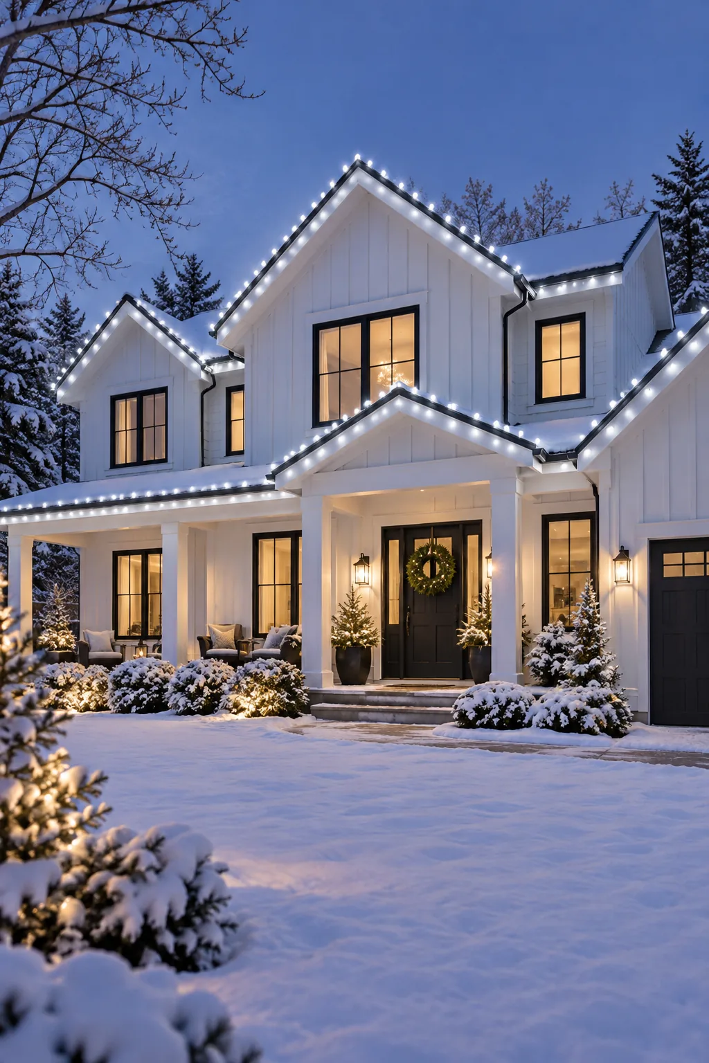 Modern farmhouse exterior illuminated with icy cool white C9 Christmas lights.
