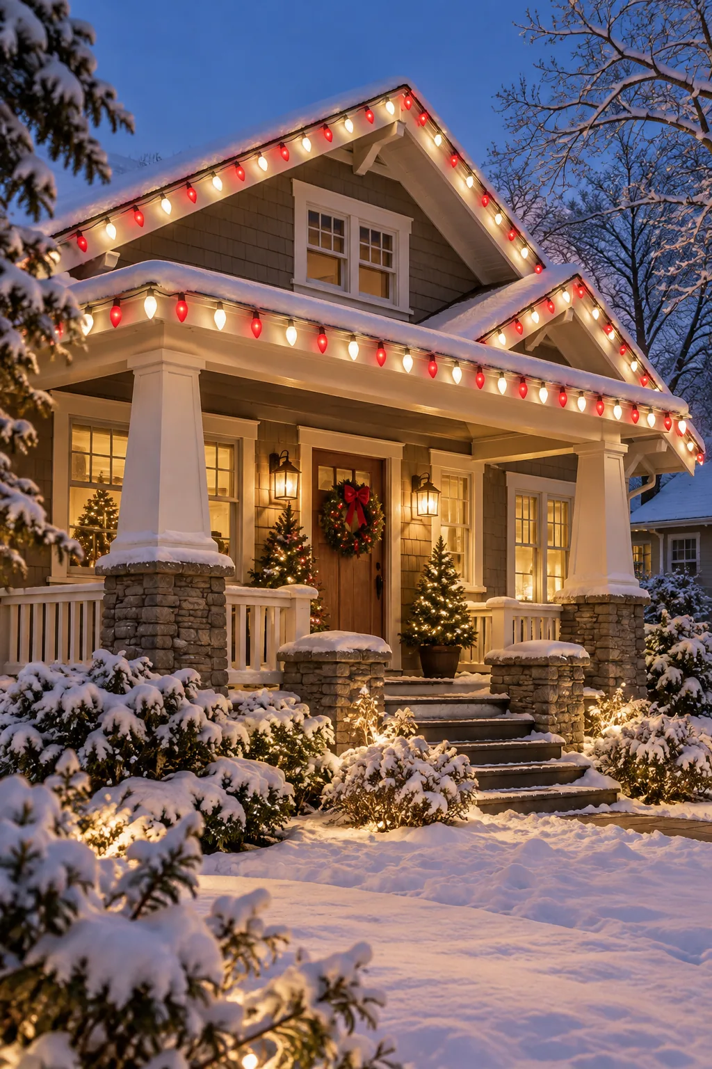 Craftsman bungalow porch decorated with alternating red and white C9 Christmas lights.