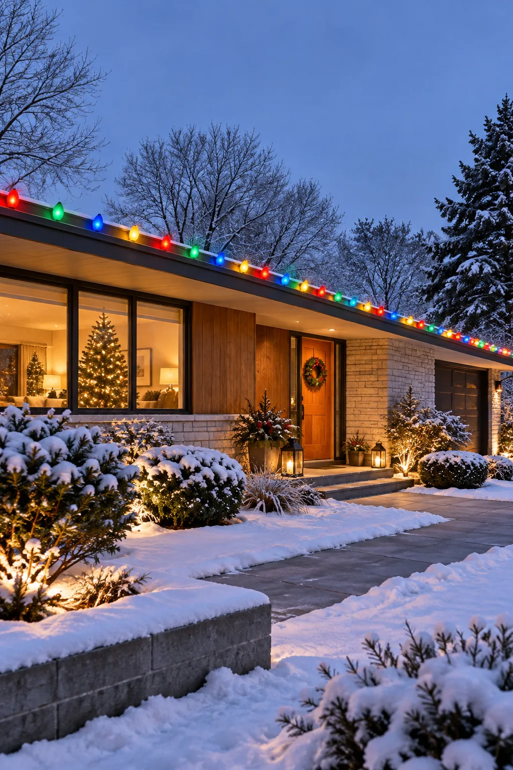 Mid-century modern ranch home decorated with vintage multi-color C9 Christmas lights.