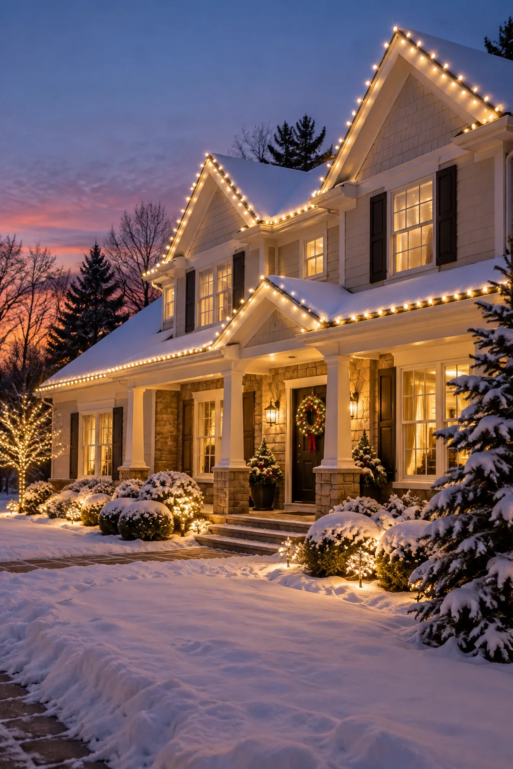 A wide twilight view of a two-story home beautifully illuminated with perfectly straight warm white Christmas lights.