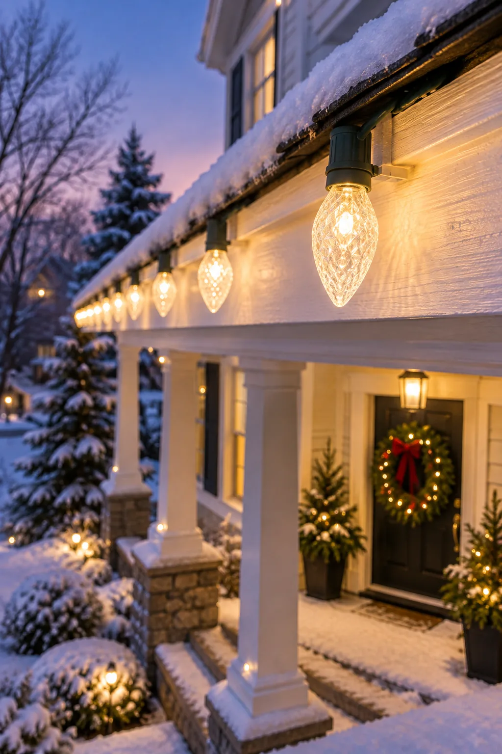 Elevated view of a symmetrical front porch decorated with perfectly aligned warm white roofline lights.