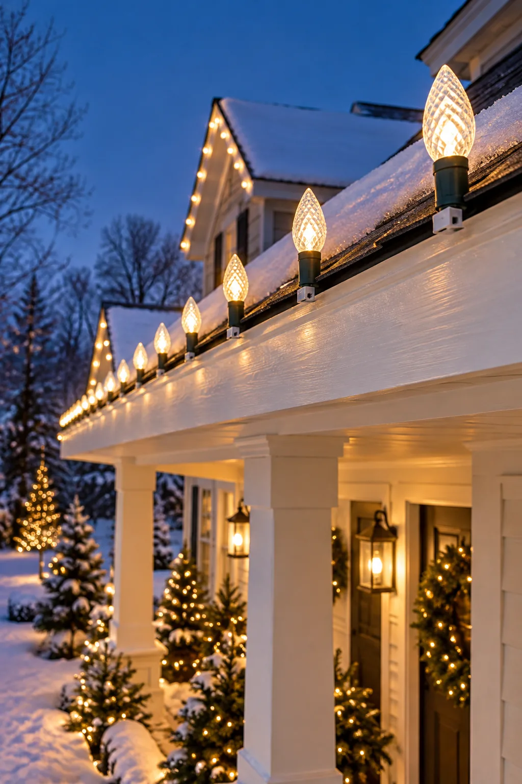 A long row of Christmas lights on a roofline showing perfectly uniform spacing between each bulb.