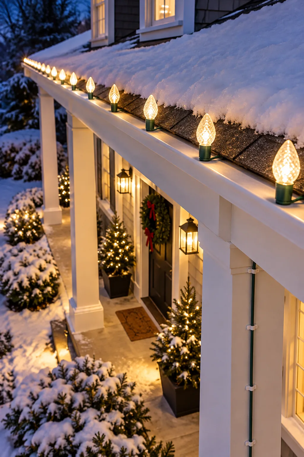 Low angle view of Christmas lights standing perfectly vertical on a roof edge, secured by shingle clips.