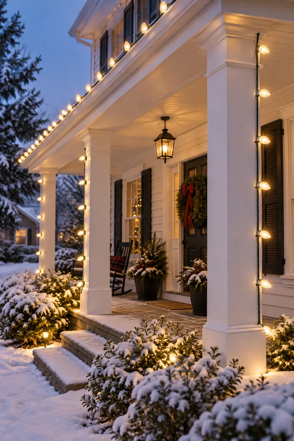 Green Christmas light wire secured tightly to a white porch pillar using small white zip ties.
