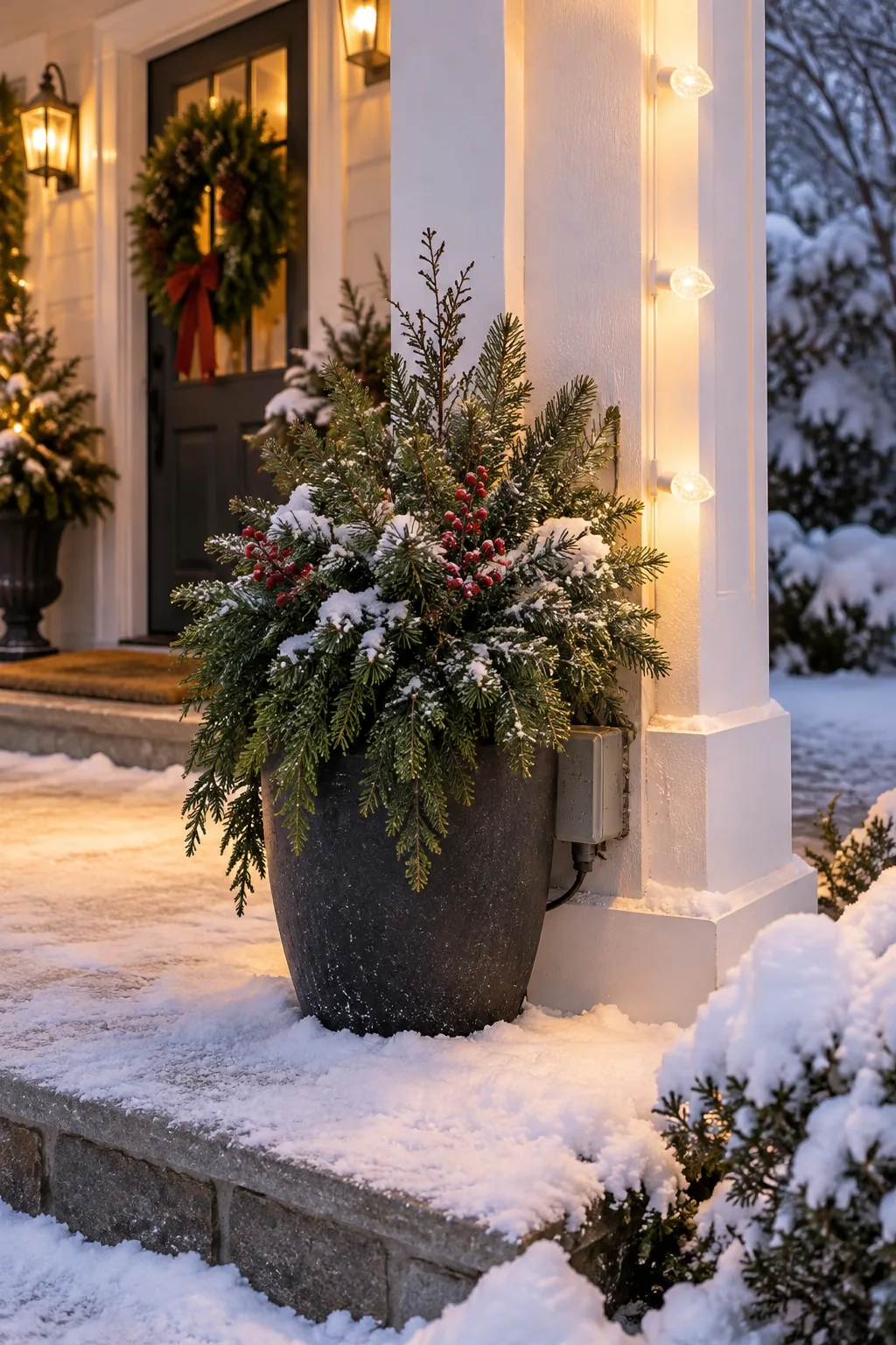 A potted winter evergreen shrub hiding the outdoor power outlet and timer for Christmas lights.