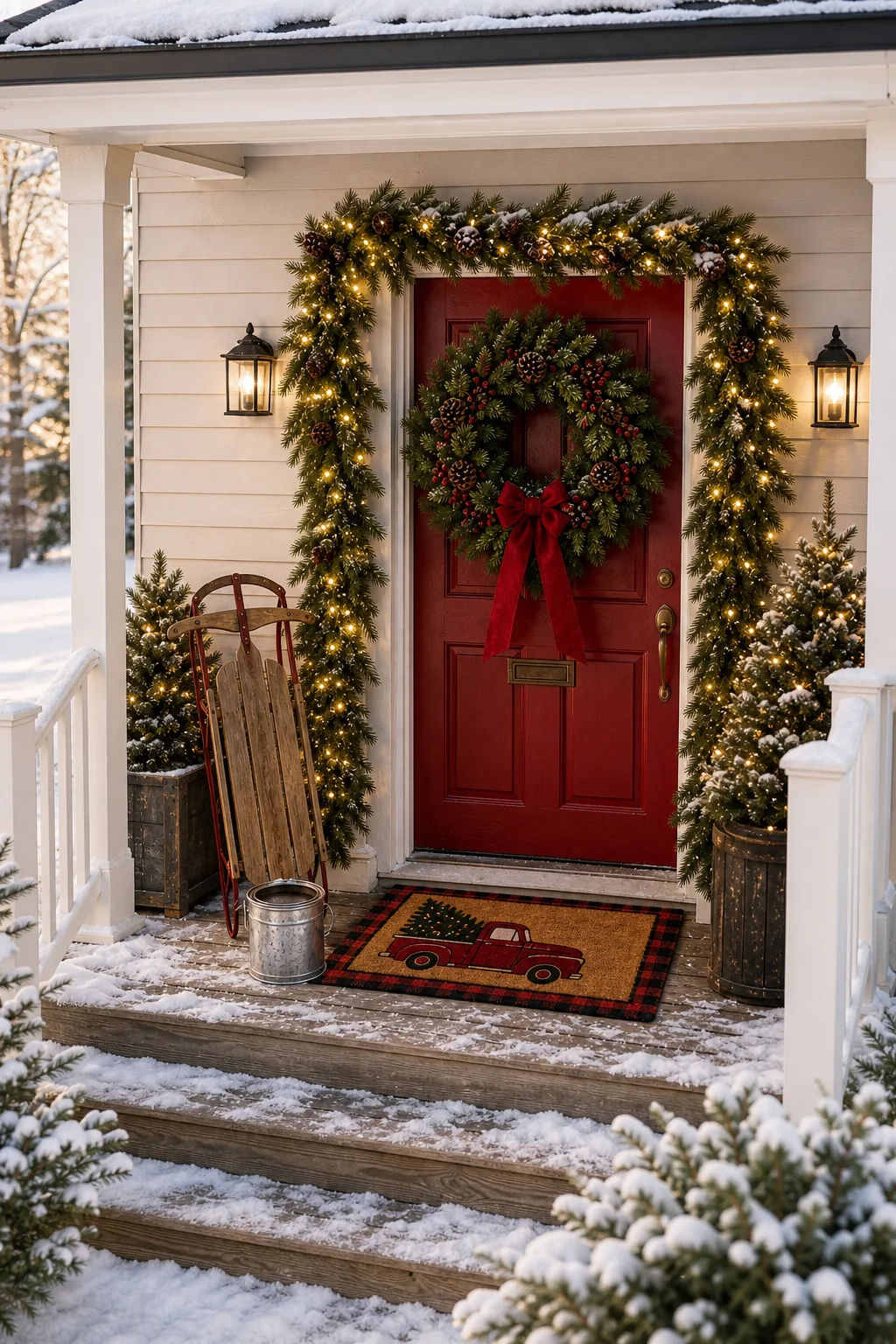 An elevated angled view of a red front door framed by a thick Christmas garland and vintage props.