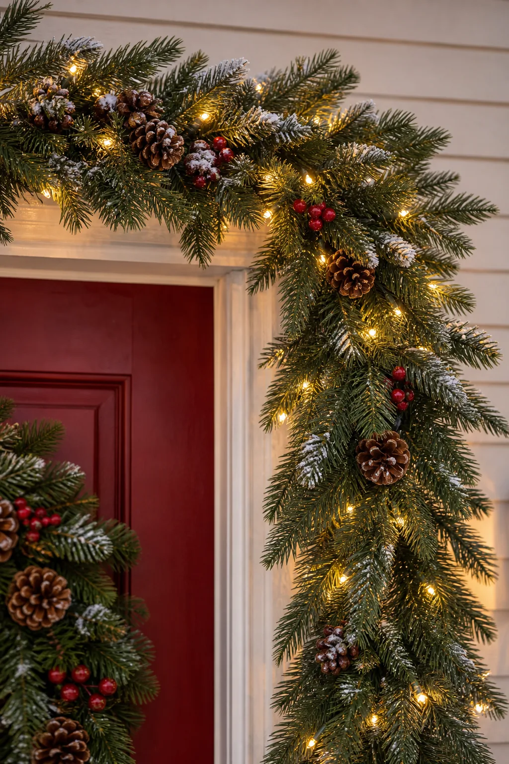 Close-up of a very thick, lush artificial pine garland framing the top corner of a door.