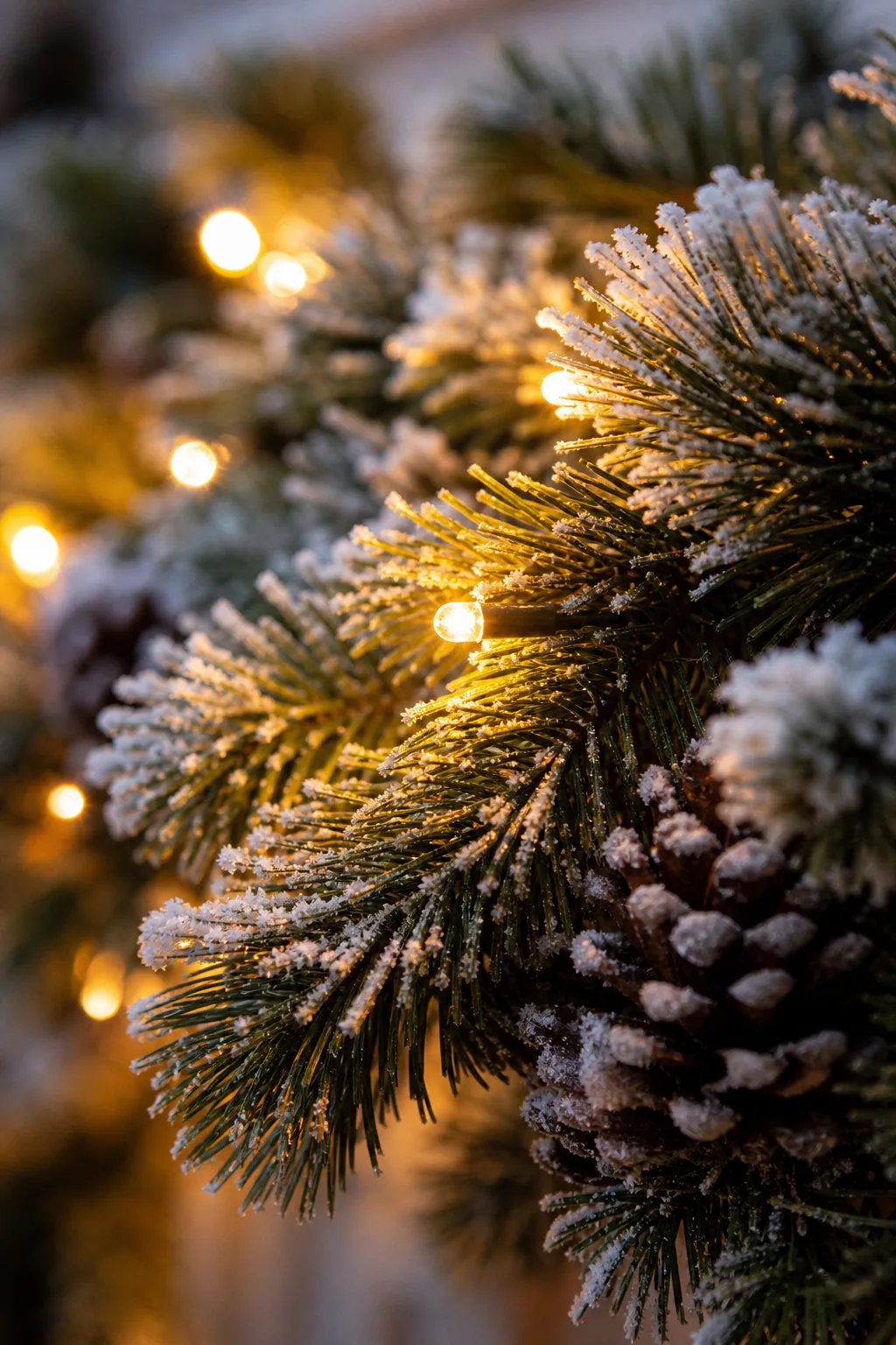 Detail shot of warm white micro fairy lights woven deeply into frosted artificial pine branches.