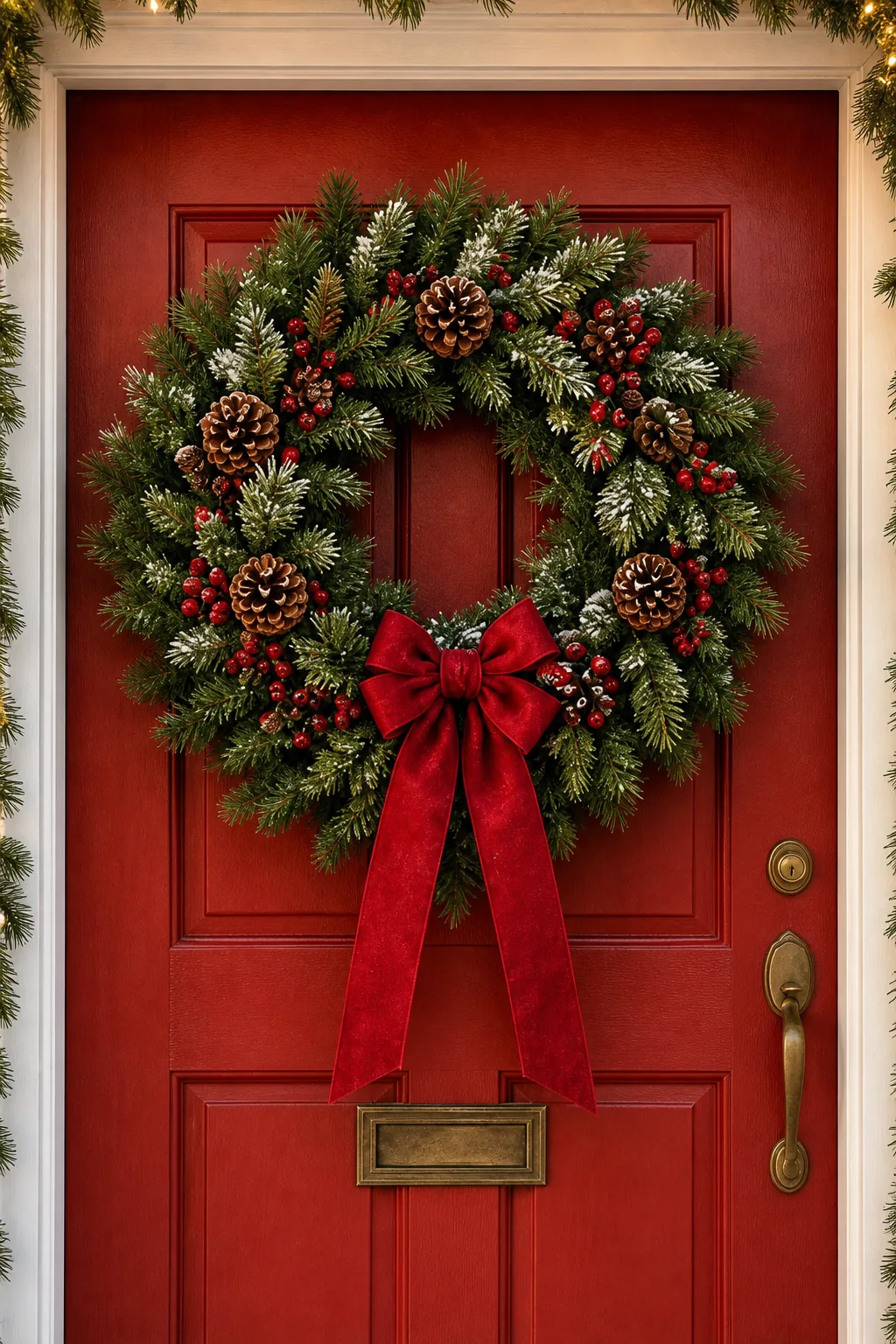 A large 30-inch Christmas wreath with pinecones and a structured red velvet bow on a red door.