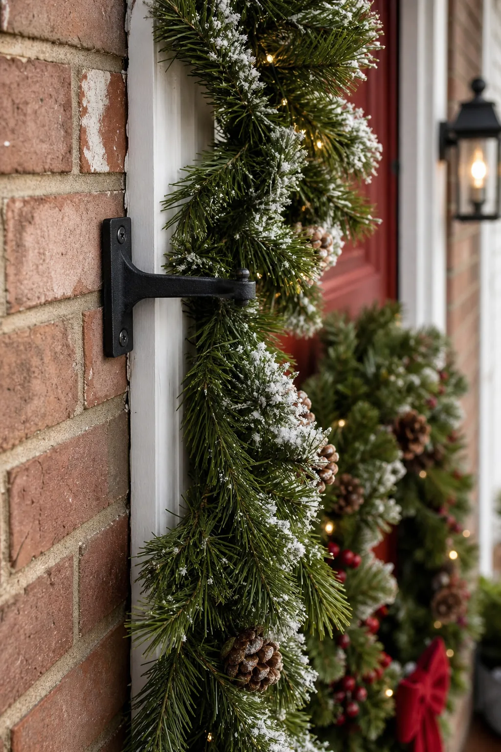 A heavy-duty outdoor command hook securely holding a thick Christmas garland against a white door frame.