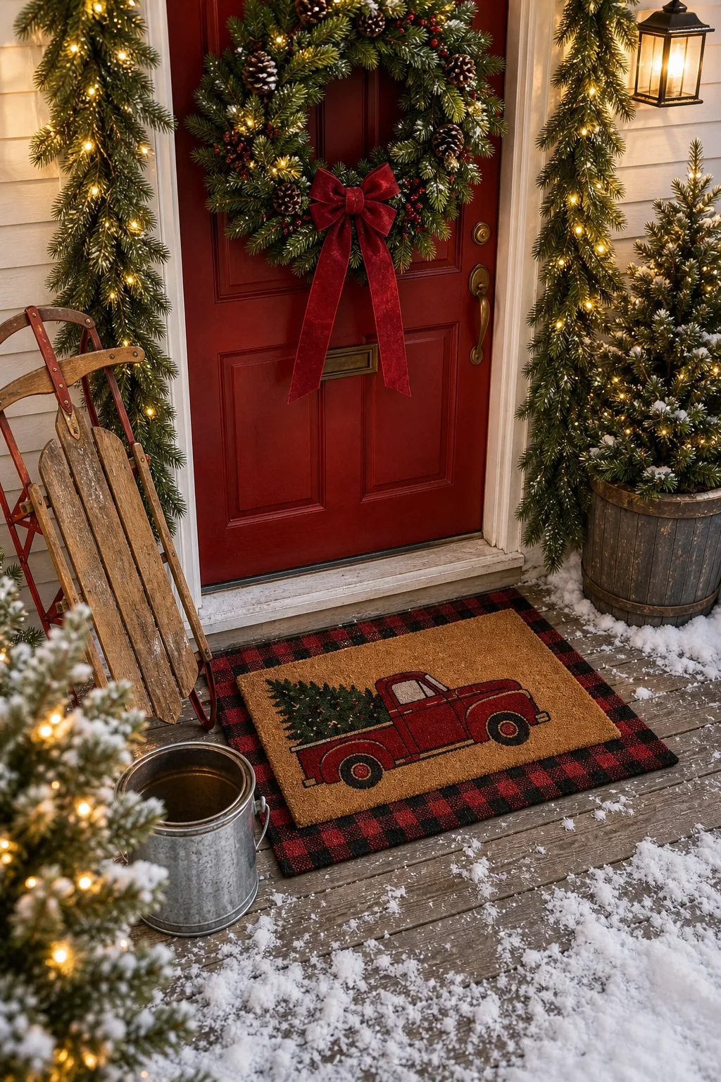 A red truck themed coir doormat layered over a red and black buffalo check rug on a porch.