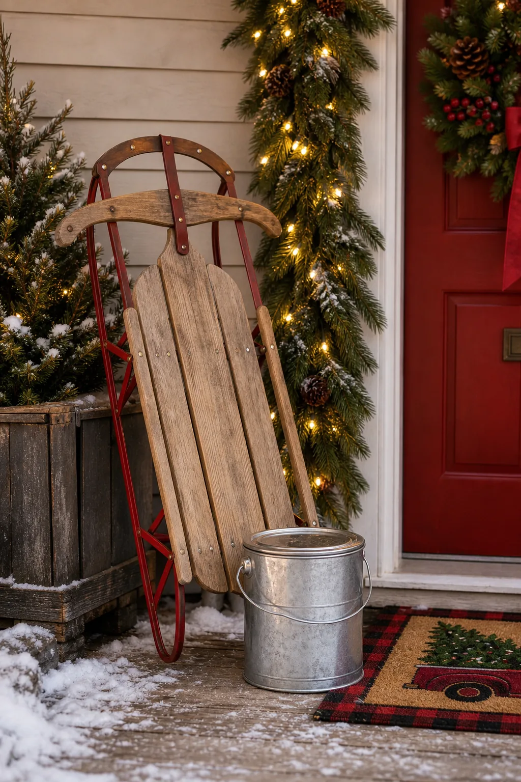 A vintage wooden sled and an empty silver paint can sitting on a snowy porch.