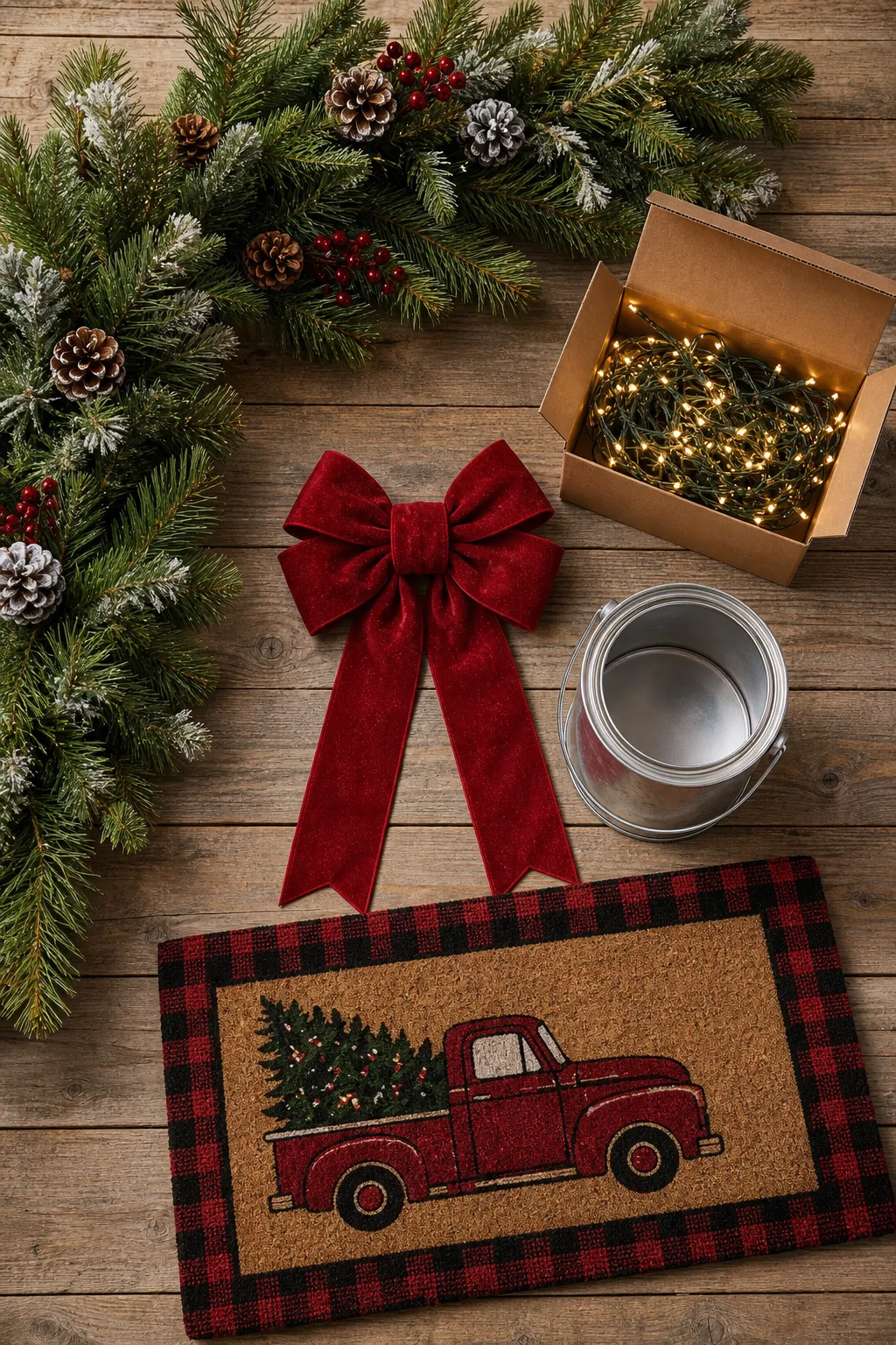 An overhead view of uninstalled Christmas decorations including garland, lights, a red bow, a paint can, and a doormat.