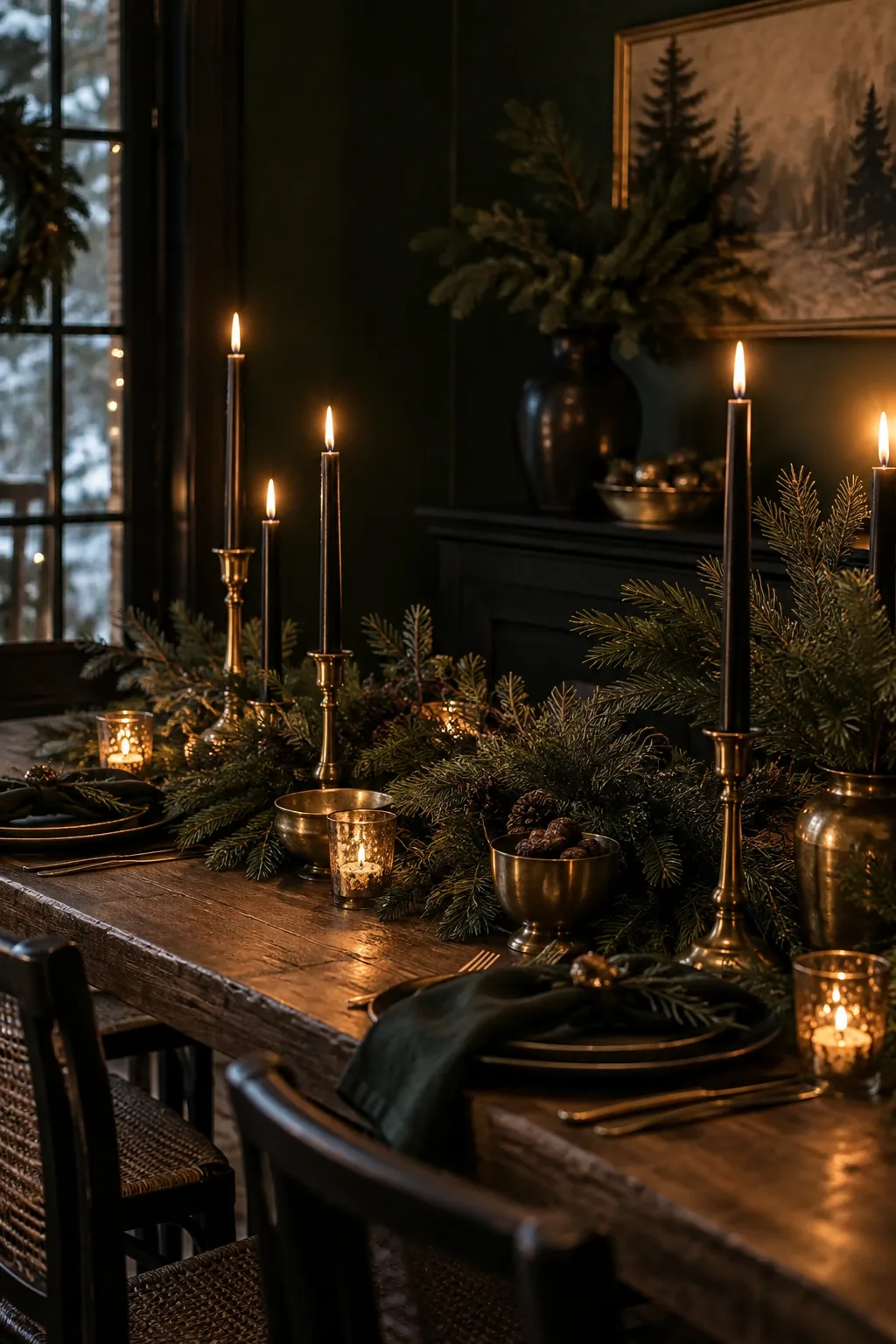 Dining table decorated with fresh pine runner, black taper candles, and small brass accents