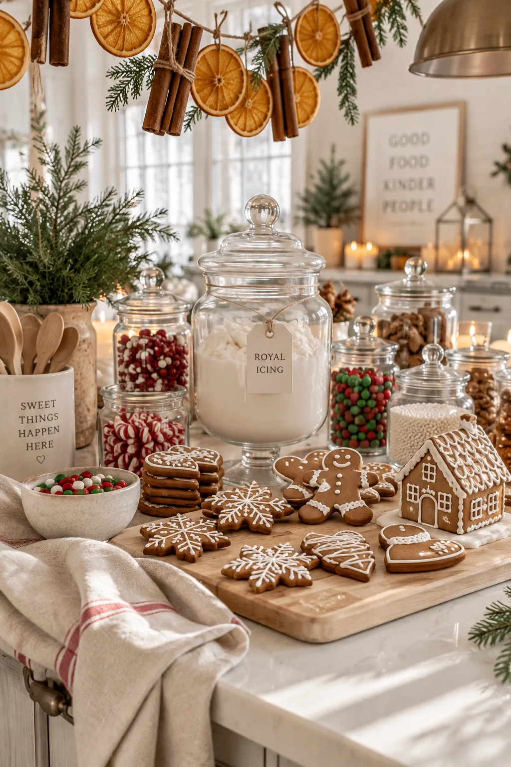 Kitchen island featuring a gingerbread decorating station with glass jars of candy and dried orange garlands