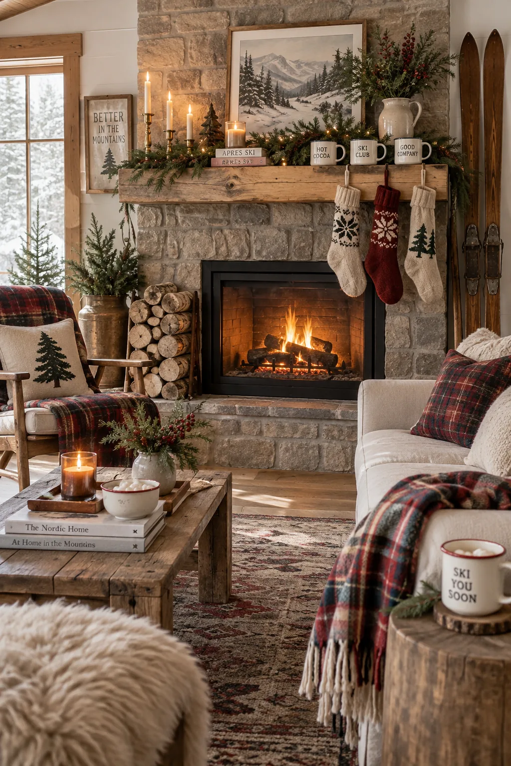 Living area styled with plaid wool blankets, birch logs, and a tray of enamel mugs