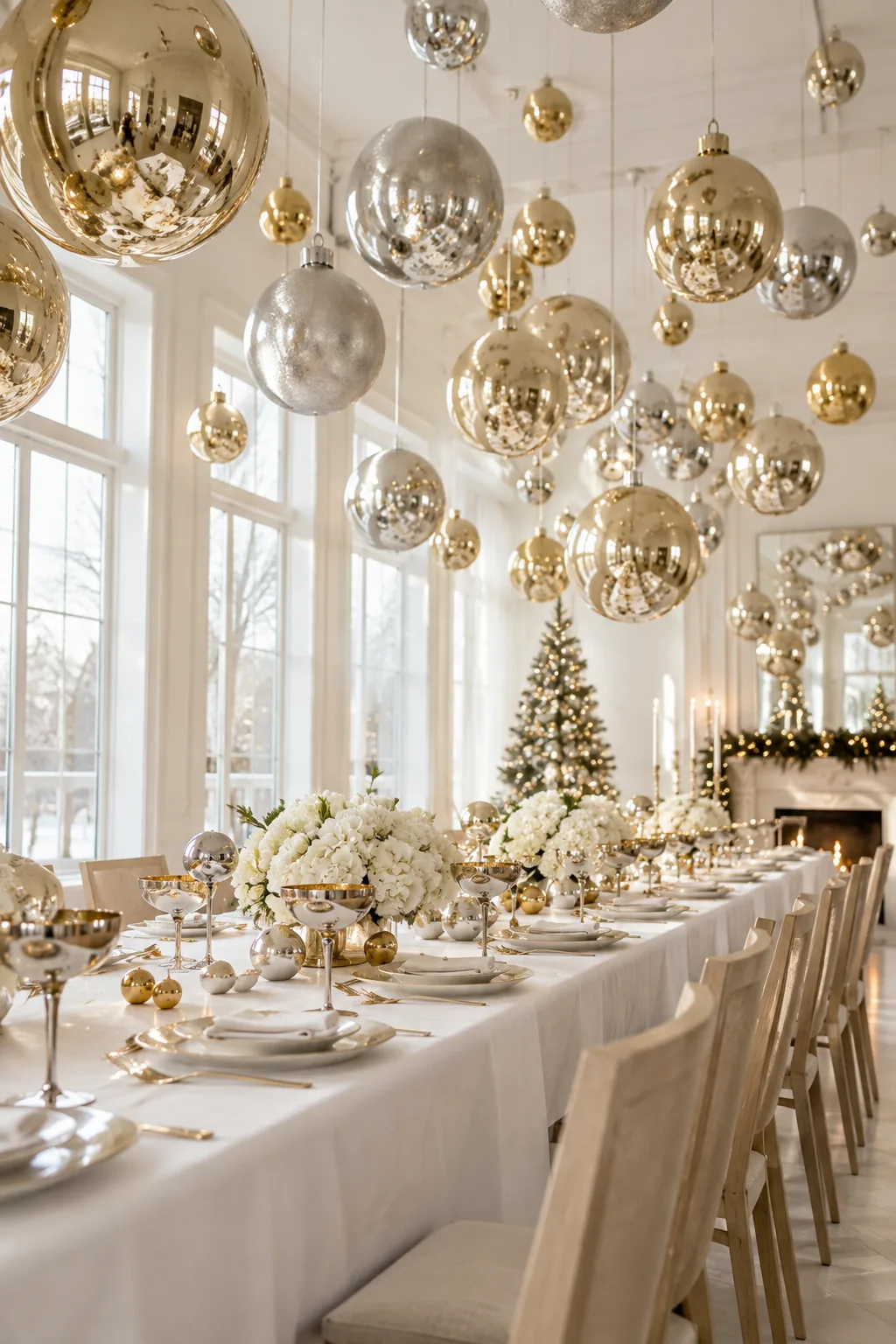 Dining space featuring oversized gold and silver ornaments hanging from the ceiling over a white table