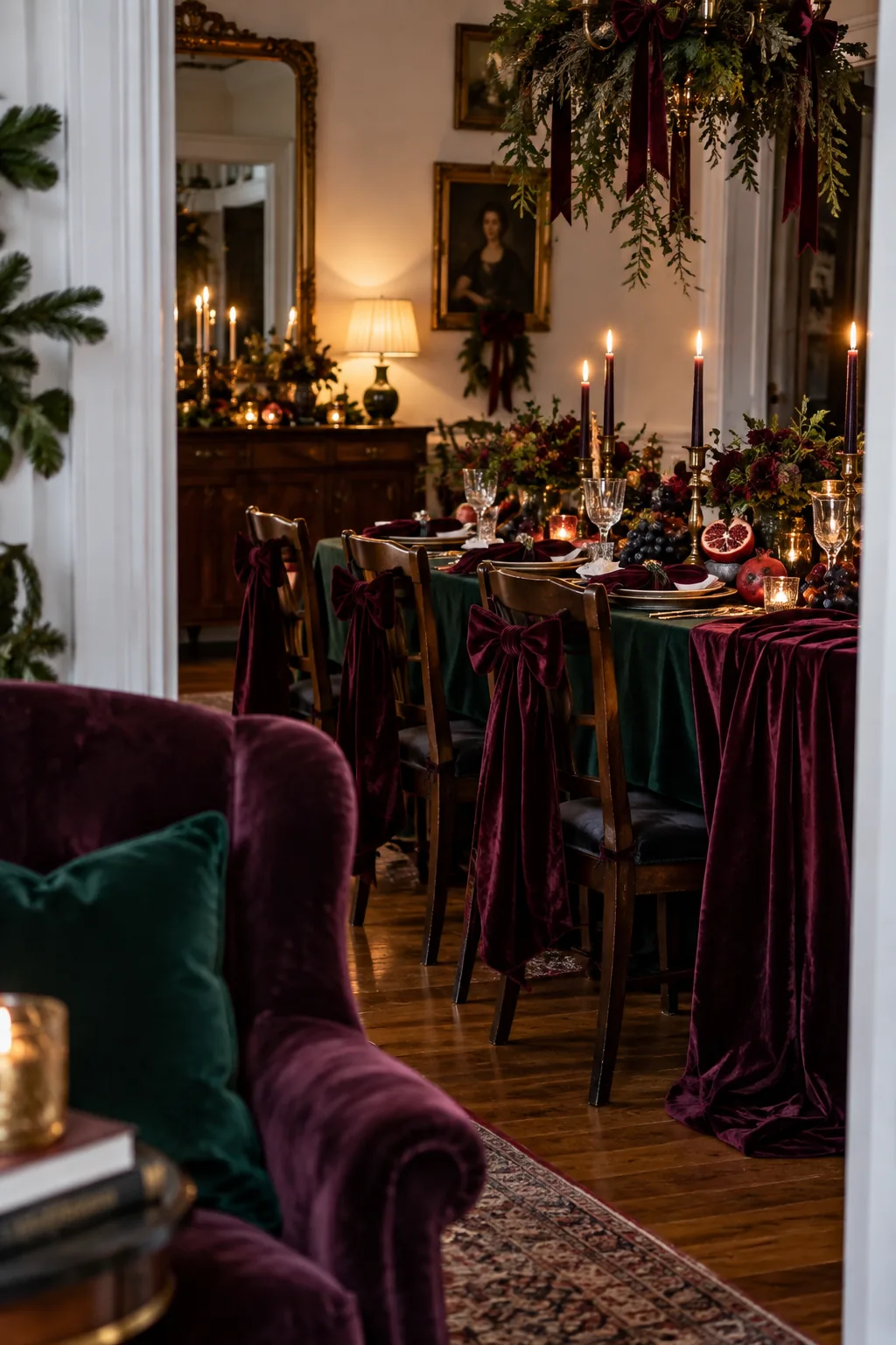 Dining table styled with plum velvet ribbons, pomegranate halves, and dark grapes