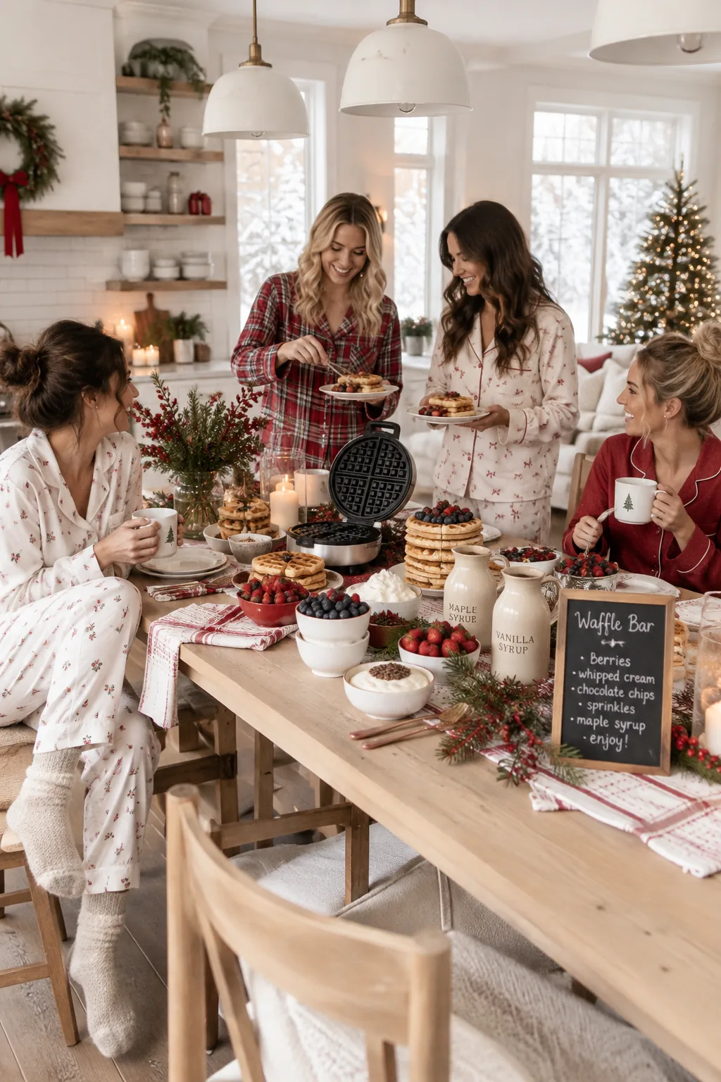 Brunch buffet featuring a waffle bar, fresh berries, and maple syrup pitchers