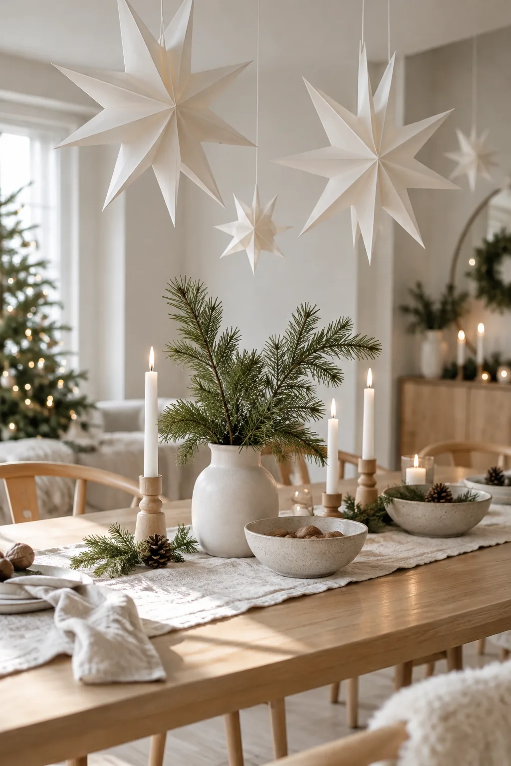 Dining space decorated with a cluster of large white paper stars hanging from the ceiling
