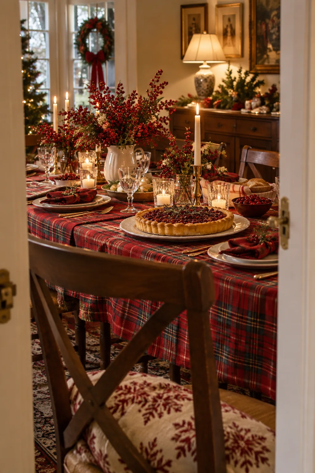 Table setting featuring a red tartan plaid tablecloth, white ceramic platters, and red winter berries