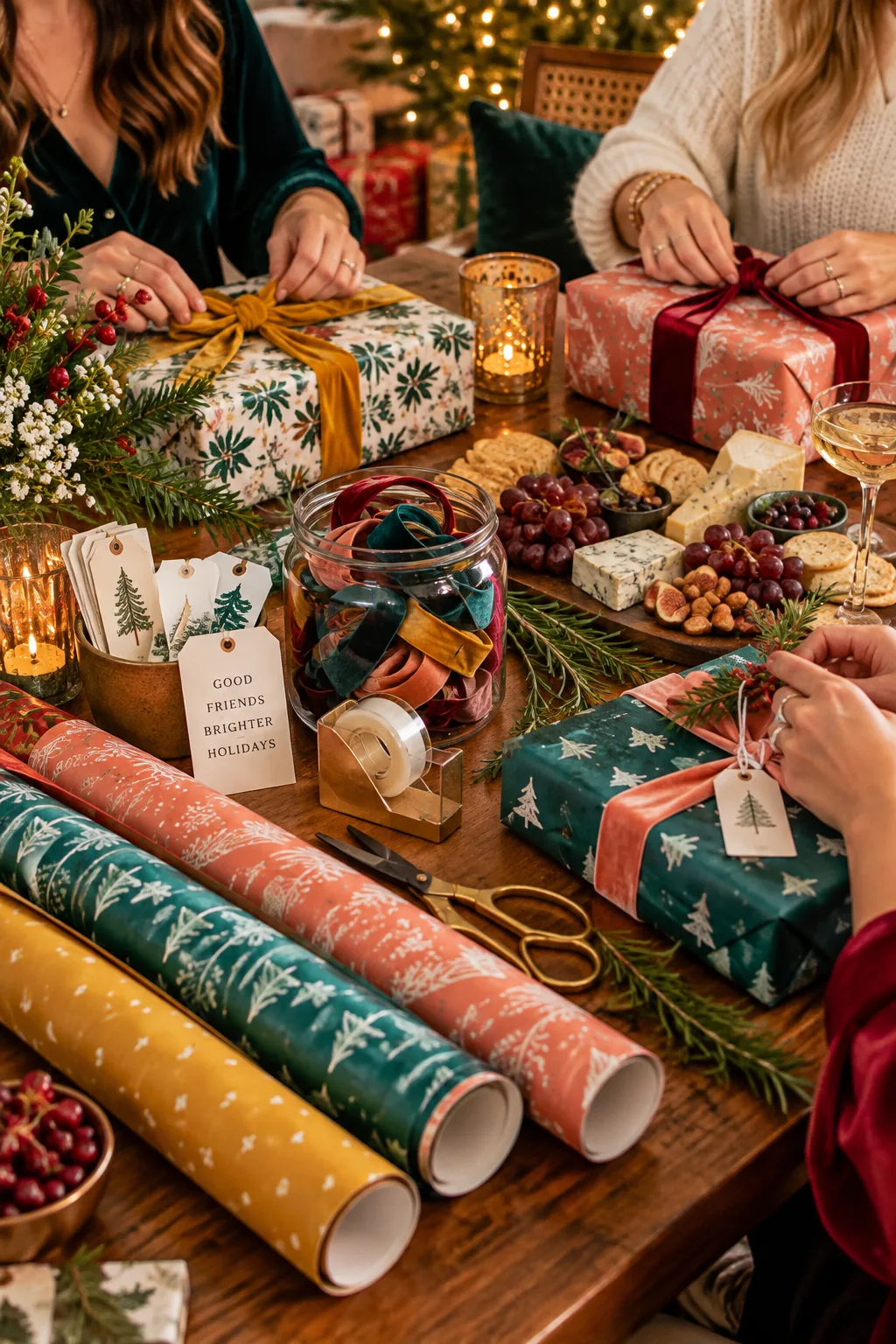 Dining table covered in wrapping paper, velvet ribbons, vintage tags, and sprigs of rosemary