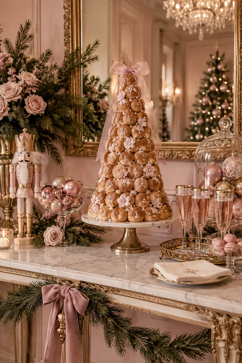 Elegant party setup with pink vintage ornaments, gold-rimmed flutes, and a macaron tower