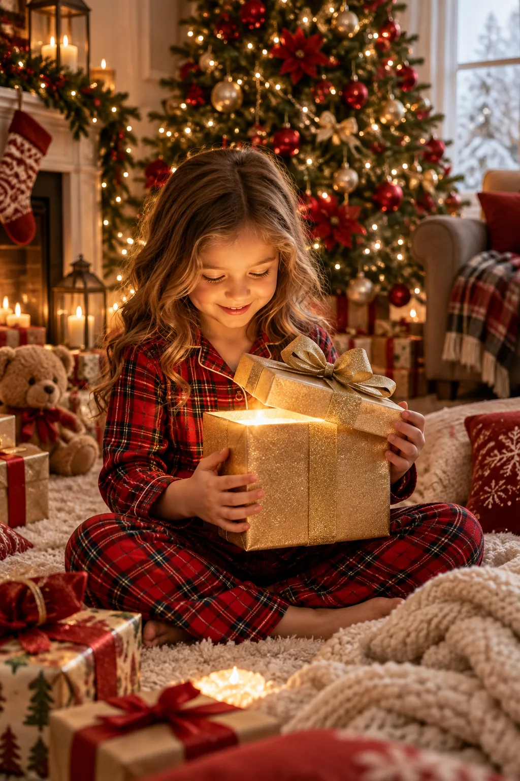 A child in red plaid pajamas holding a glowing gold box in front of a traditional red and gold Christmas tree.