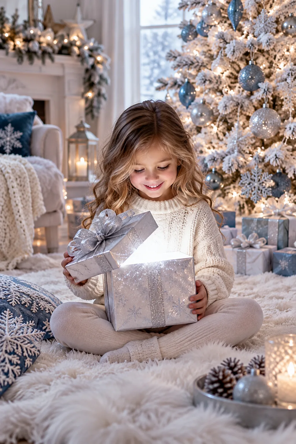 A child in a white sweater holding a glowing silver box in front of a flocked white Christmas tree.