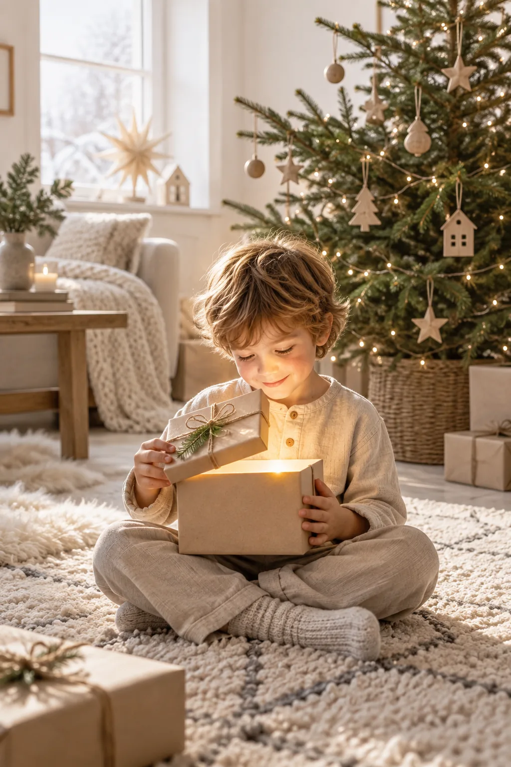 A child in neutral clothing holding a glowing kraft paper box in front of a sparse Scandinavian Christmas tree.