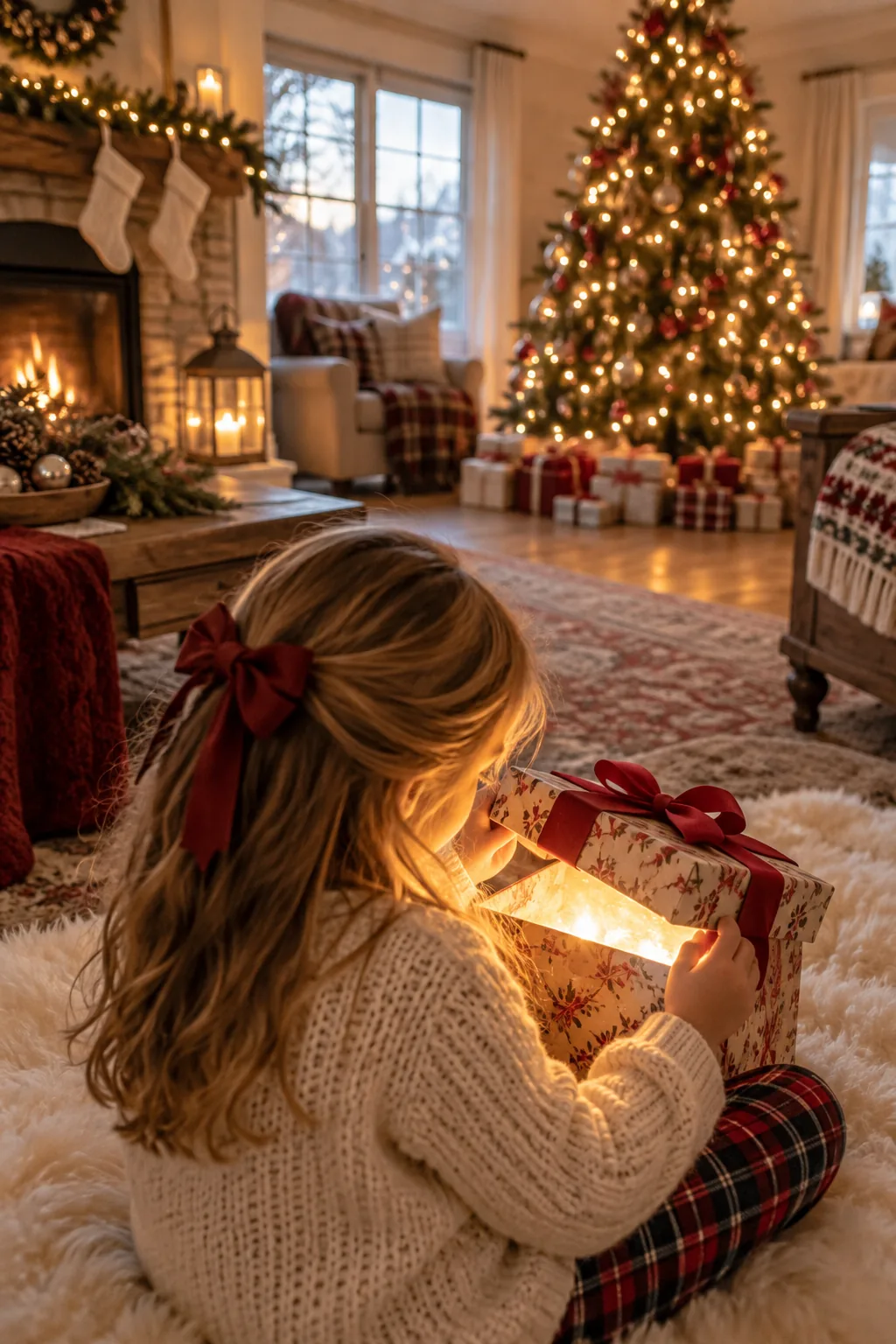 Wide shot of a child sitting on a rug with a noticeable distance between them and the Christmas tree behind them.