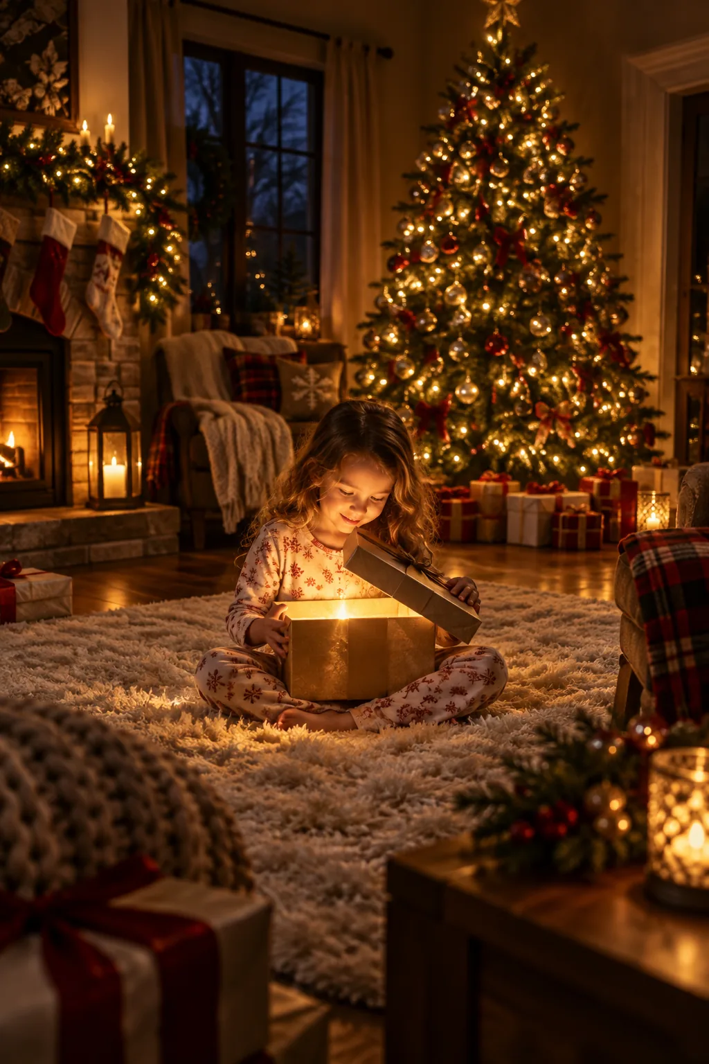 Close-up of a slightly open gift box emitting a warm golden light onto a child's face.