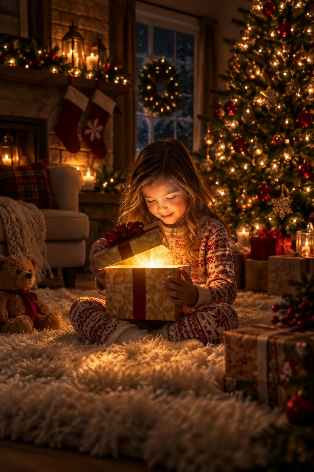 A dark living room illuminated only by Christmas tree lights and a glowing box on the floor.
