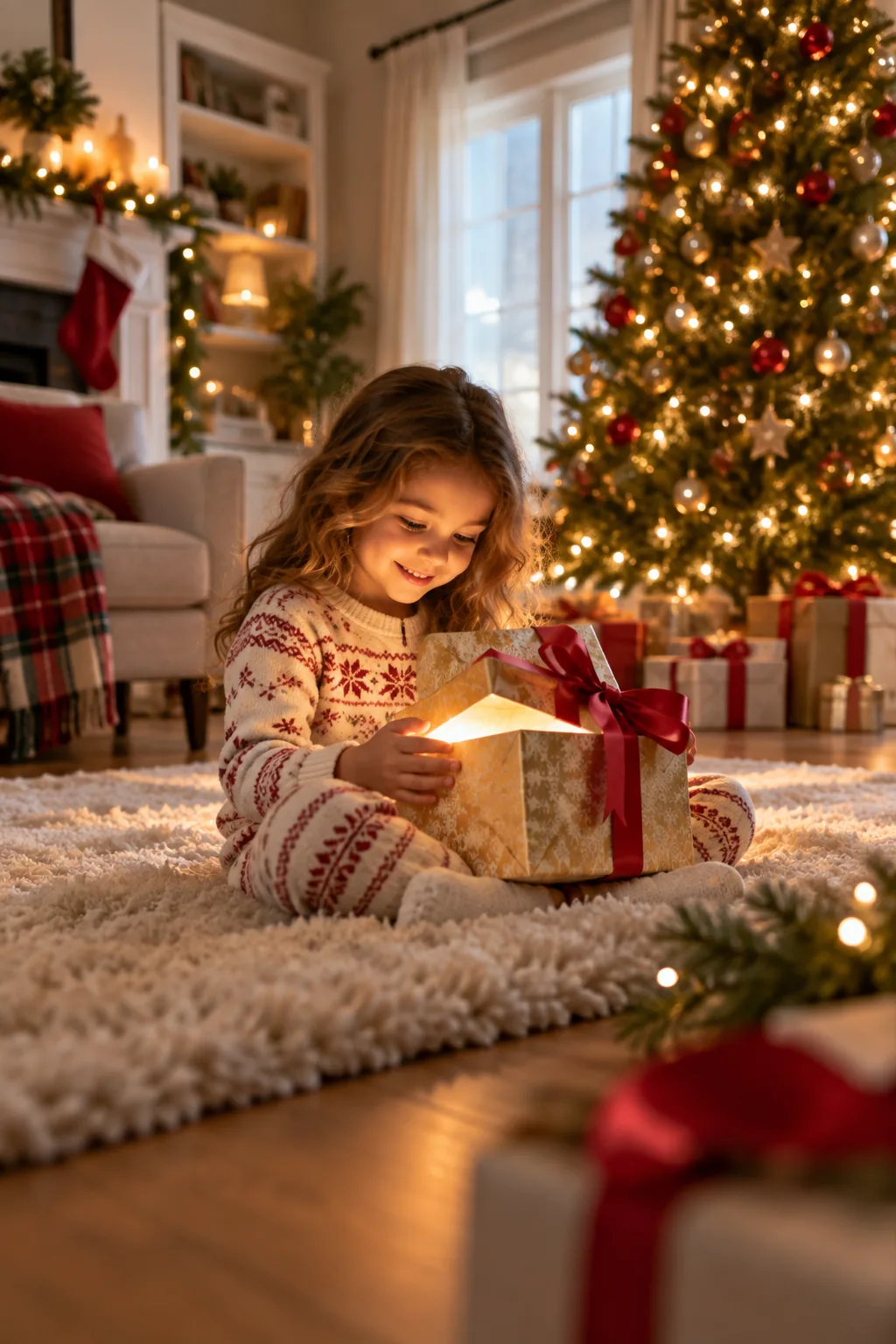 Low-angle photo looking across a textured rug toward a child holding a glowing box.