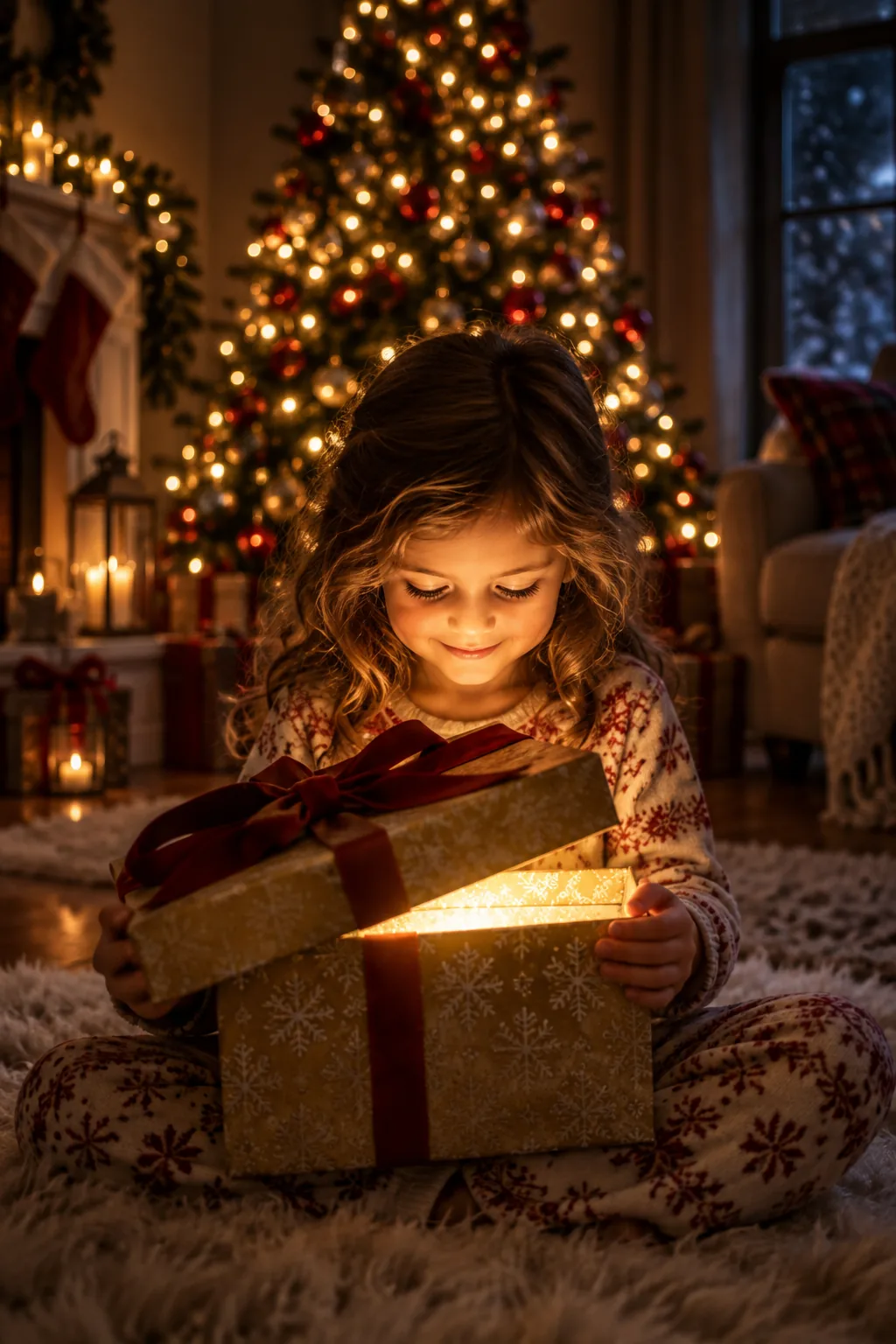 Crisp close-up portrait of a child's face with blurred tree lights in the background.