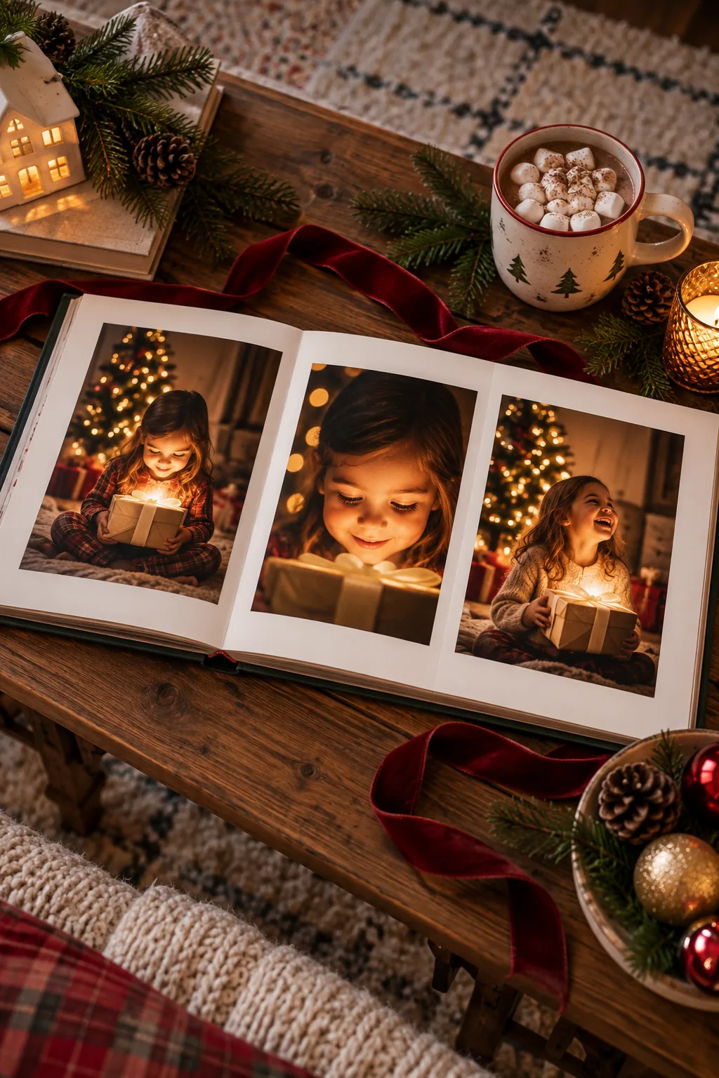 A cinematic, slightly underexposed holiday portrait emphasizing the warm lights.