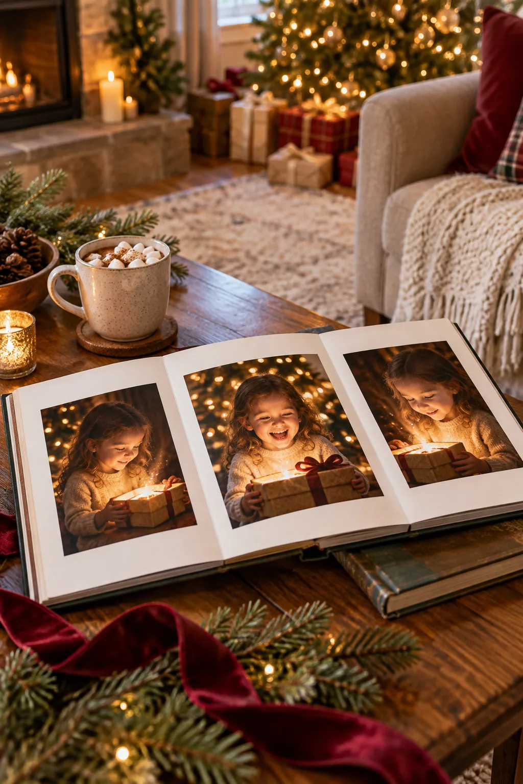 An open photo album on a coffee table displaying three glowing holiday portraits.