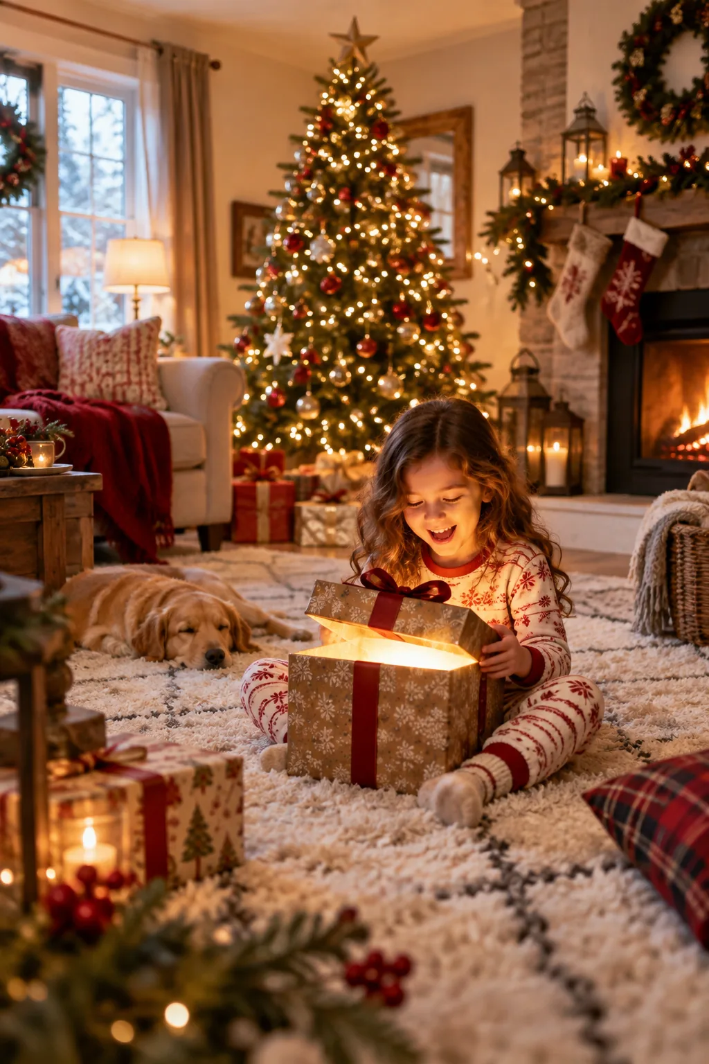 A child laughing naturally while holding a glowing gift box in front of a tree.