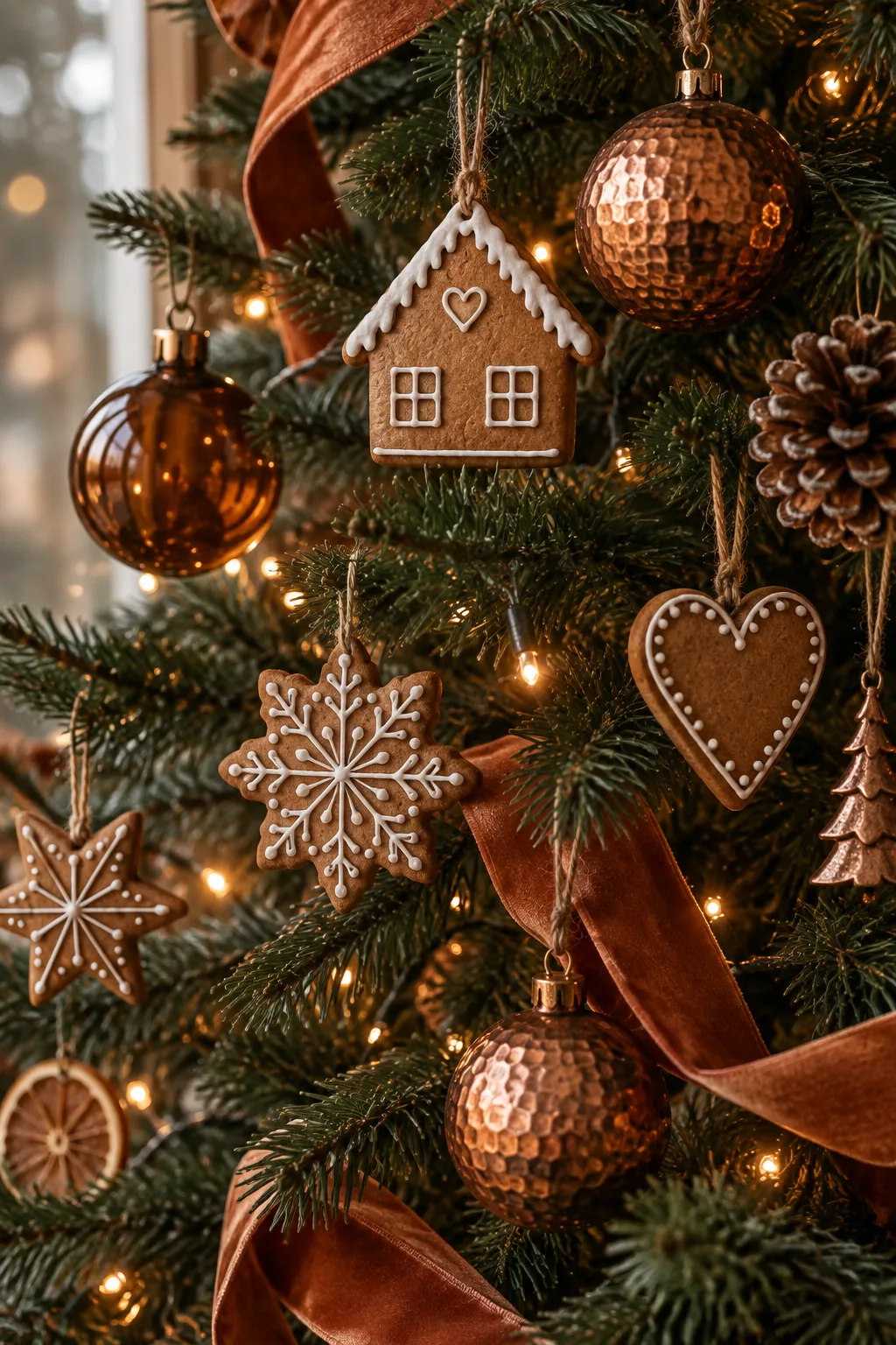 Christmas tree decorated with copper ornaments and gingerbread cookies