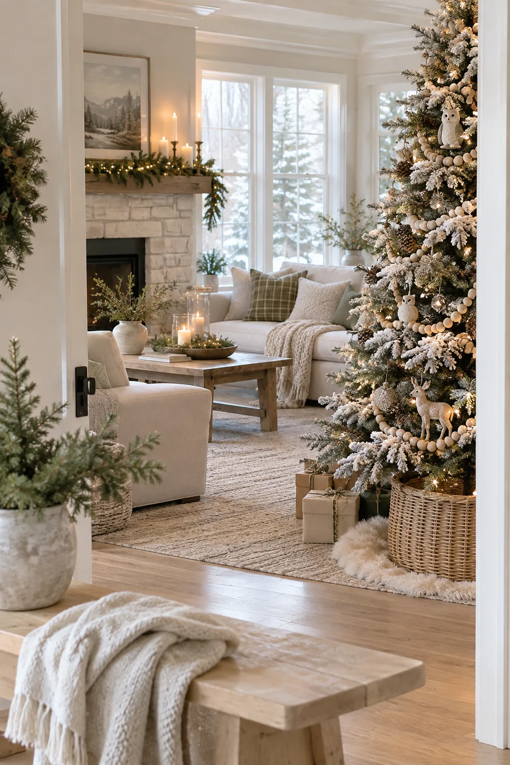 Flocked Christmas tree with wooden beads and pinecones