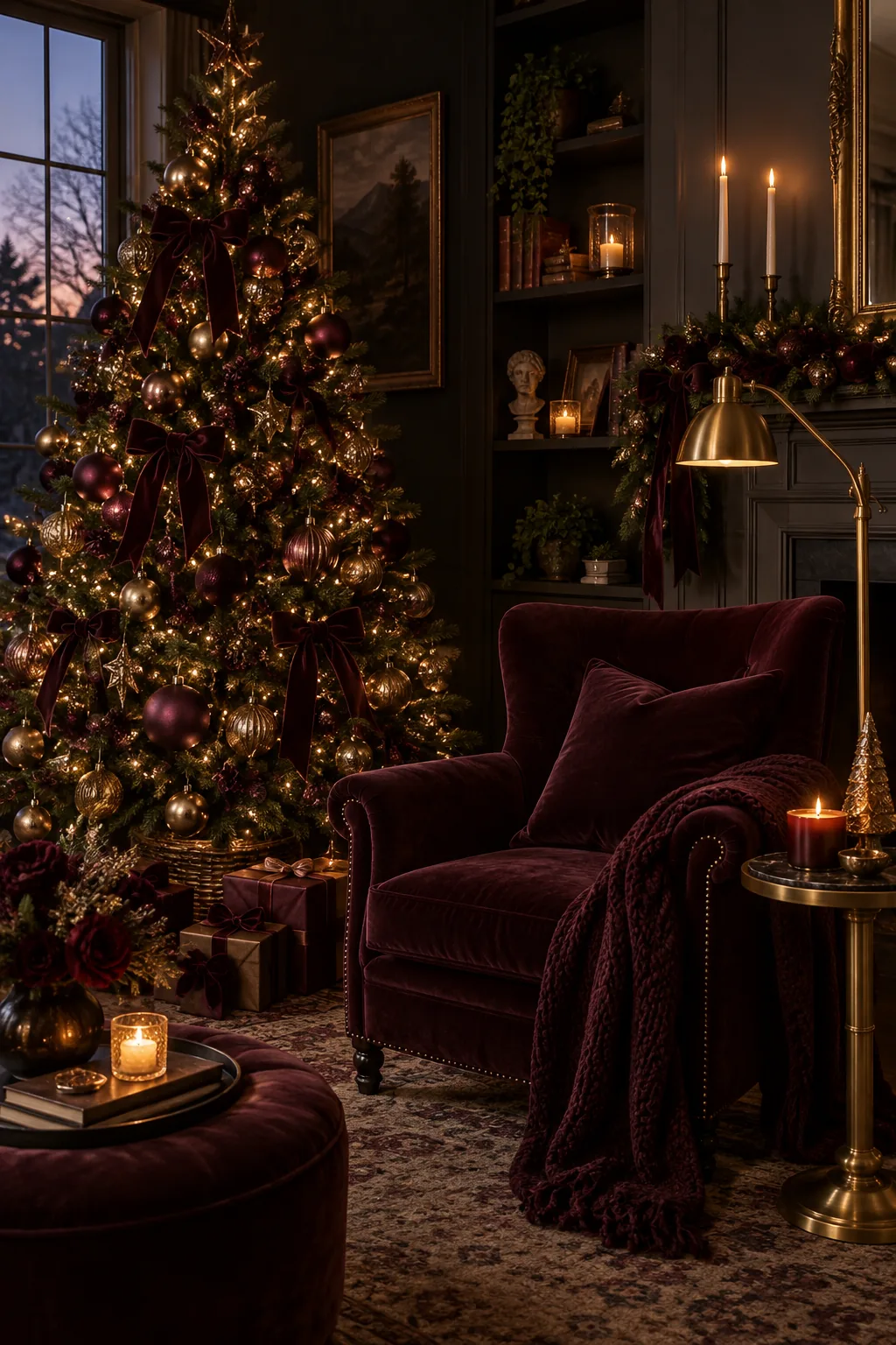 Dark green Christmas tree with matte burgundy and gold ornaments