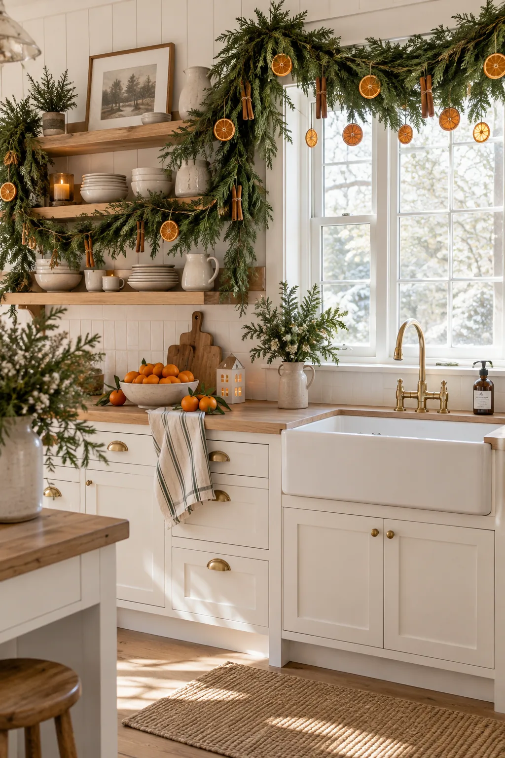 Cedar garland draped in a kitchen with dried orange slices