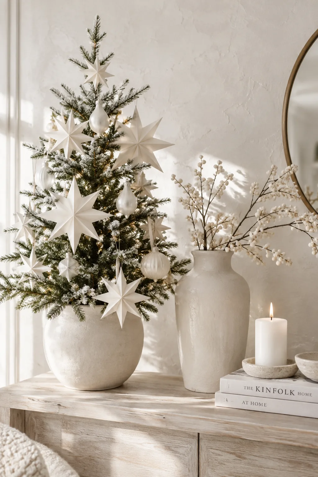 Minimalist Christmas tree with paper stars and frosted glass