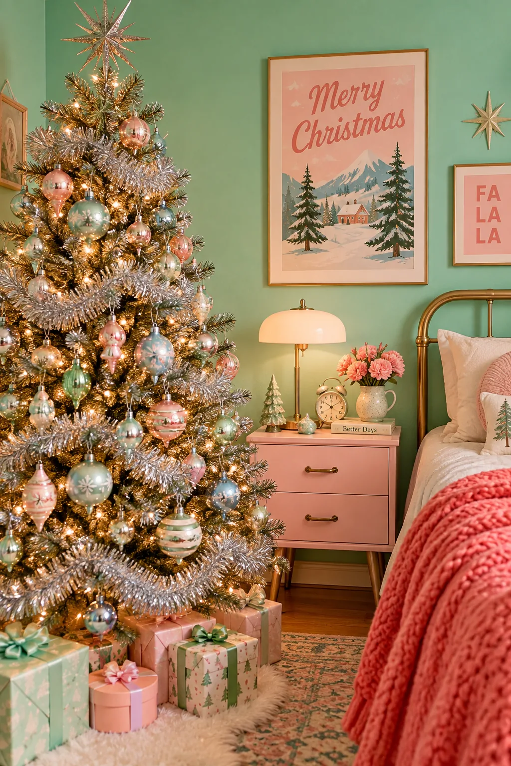 Christmas tree with mint green and pale pink vintage ornaments