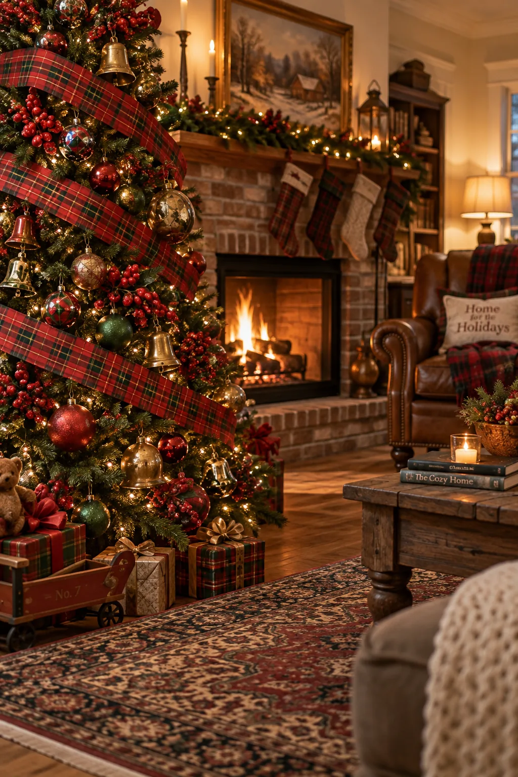 Traditional Christmas tree wrapped in red tartan ribbon