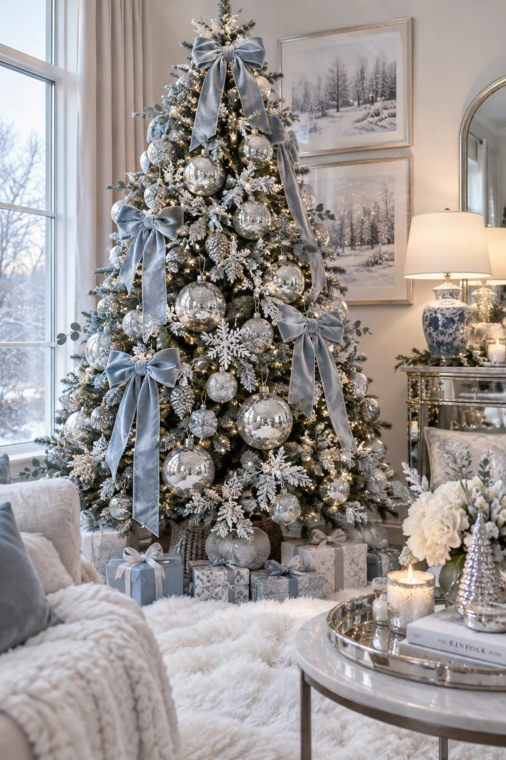 Christmas tree with pale blue velvet ribbon and silver mercury glass