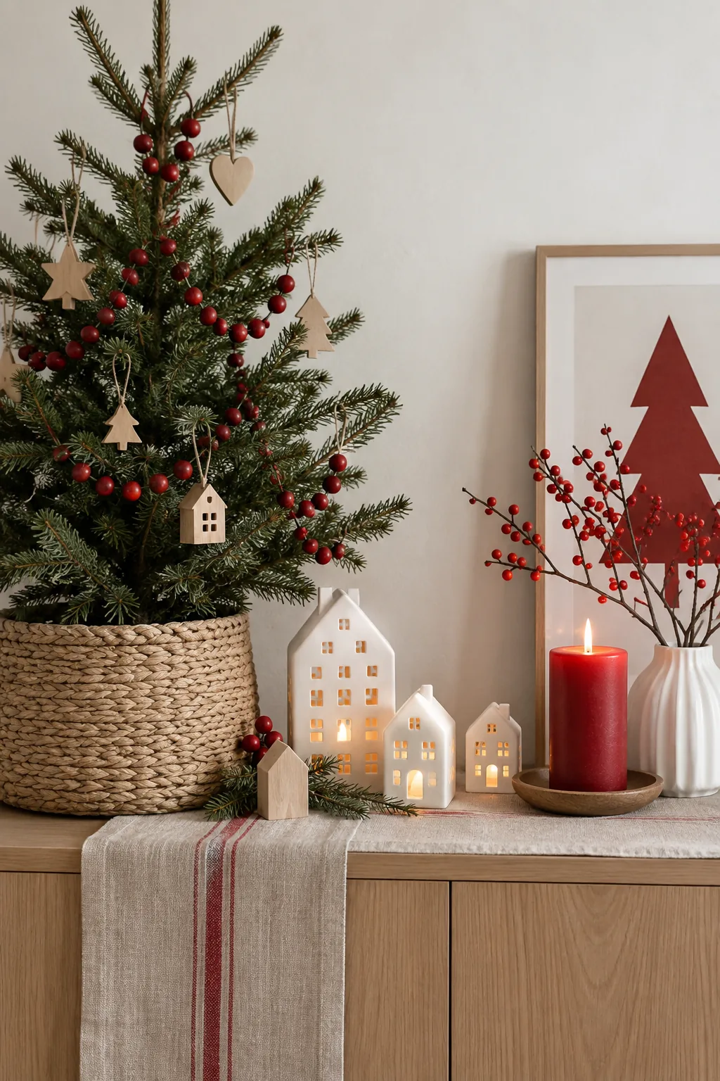 Sparse Christmas tree with unpainted wood and red beads