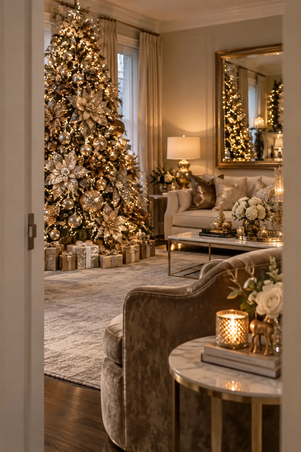 Glamorous Christmas tree with champagne gold and oversized poinsettias
