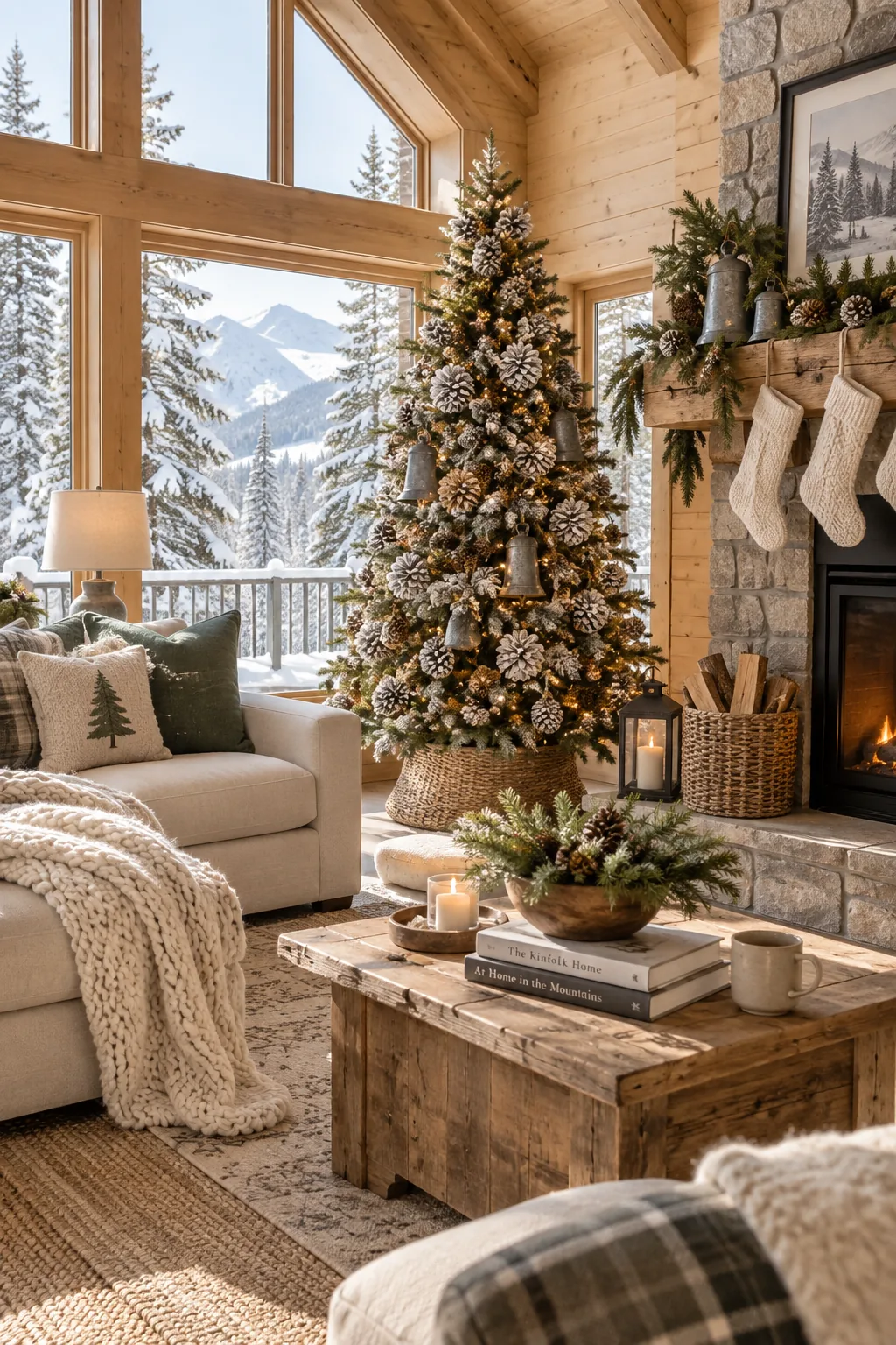 Rustic Christmas tree with flocked pinecones and galvanized bells
