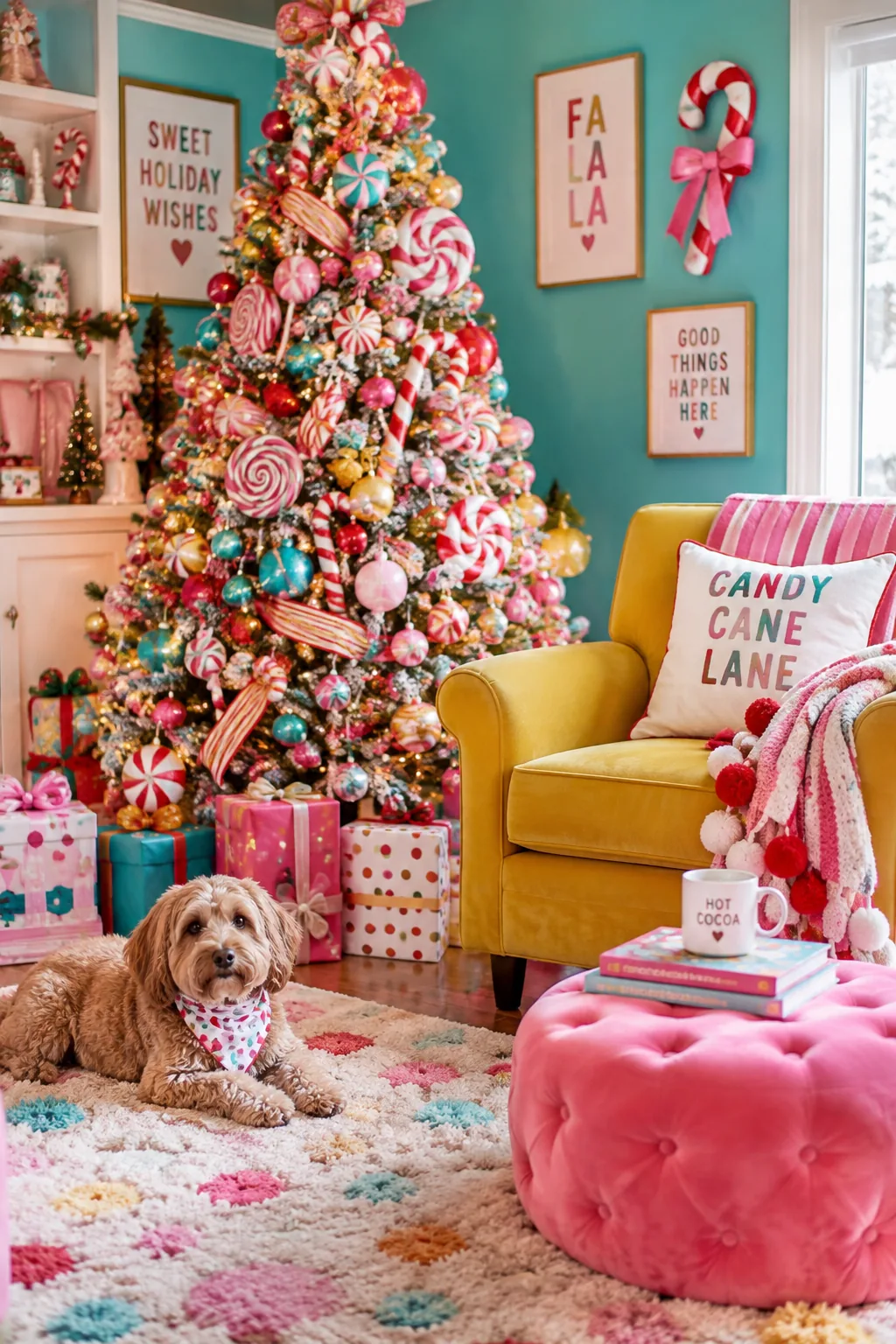 Playful Christmas tree with oversized faux candy and striped ribbon